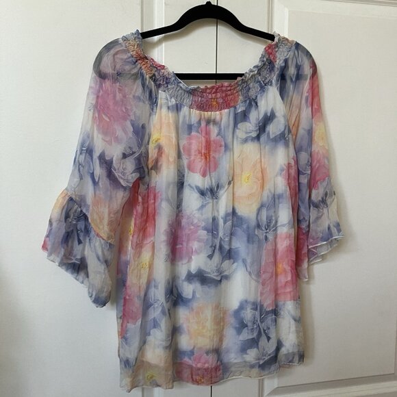 Angela Moda Silk Blouse Womens L Floral Off Shoulder Boho Made in Italy - Picture 5 of 8